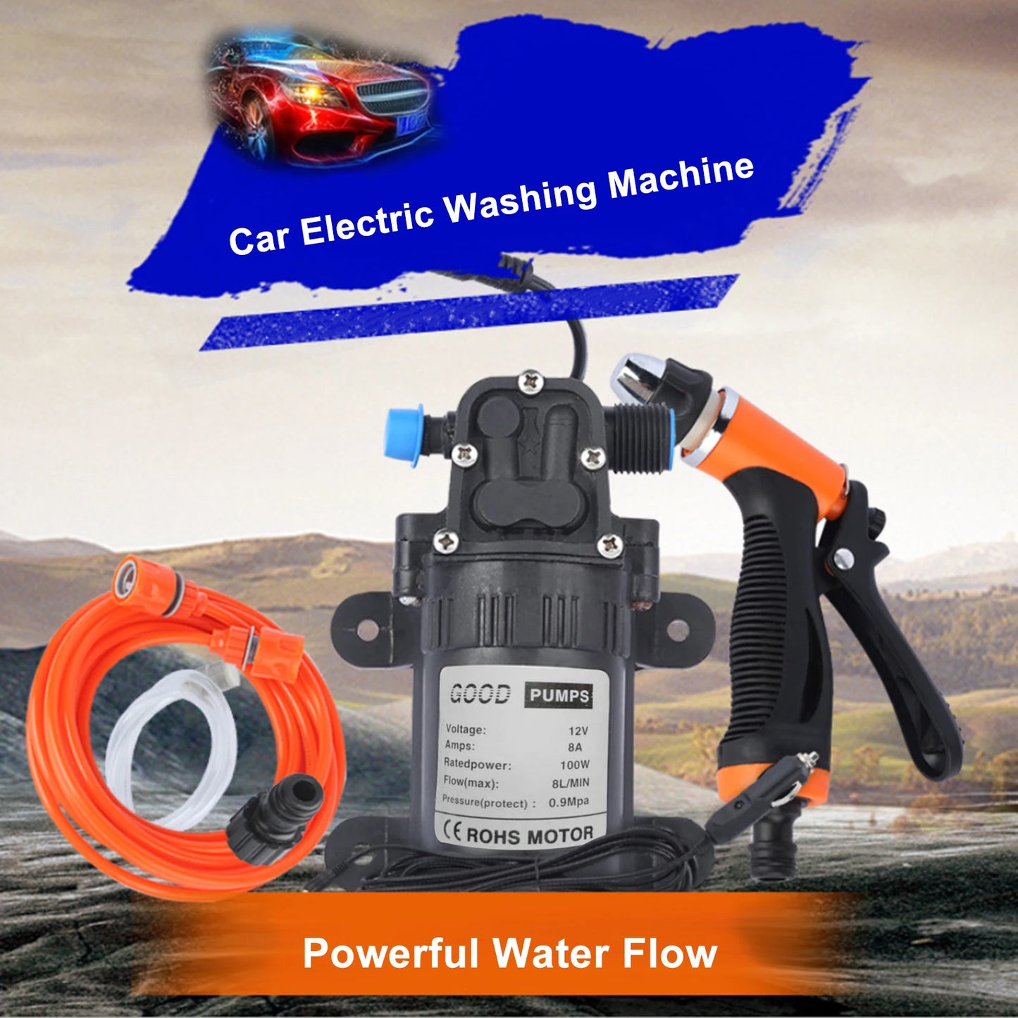 Portable High Pressure Car Washing Machine Kit 12V Electric Pump + Wash Sprayer 2 Modes + Power Cable + Hoses