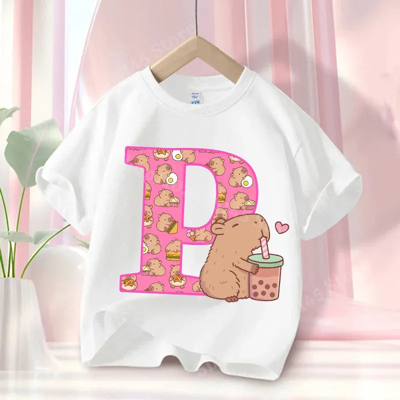 Summer Capibara Anime Letter A-Z Cute Printed Children's T-shirt Girls Short Sleeve Cotton Fashion Tops Kids Clothes Casual Tees