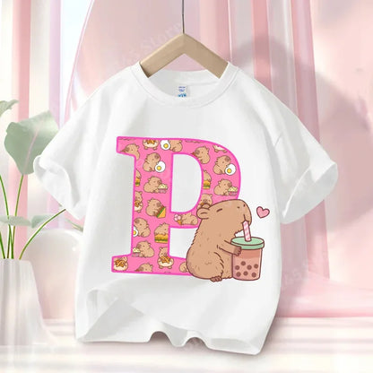 Summer Capibara Anime Letter A-Z Cute Printed Children's T-shirt Girls Short Sleeve Cotton Fashion Tops Kids Clothes Casual Tees