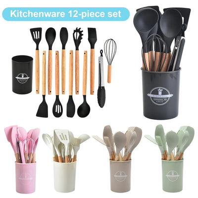 12Pcs Kitchen Utensil Set Cooking Tools Kit Wooden Handle Non-Stick Spatula Set Spatula Spoon Brush Whisk for Home Kitchen