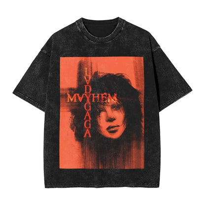 Washed T Shirts Lady Gaga Mayhem Hip Hop Retro Vintage High Street Streetwear Short Sleeve Print Tees Men's Women Tops Harajuku