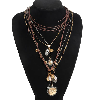 Girlgo 3Pcs/Set ZAA Handmade Rope Chain Metal Round Coin Badge Rope Necklace Fashion Personality High Quality Vintage Jewelry