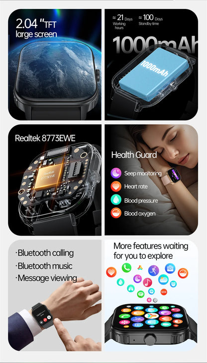 2025 new smart watch 1000MAH 2.04 inch ultra HD screen all day health heart rate detection 70+ sports IP68 waterproof BT call