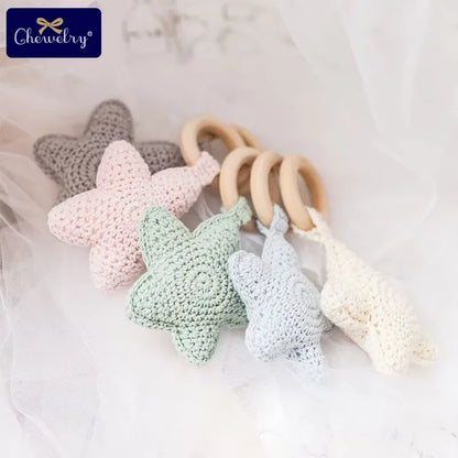 Baby Rattle Bells Crochet Knitted Star Baby Play Gym 1pc Baby Teething Wooden Ring Teether Pendant For Kids Gift Montessori Toys