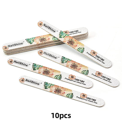 10pcs Set Wood Nail Buffer Reusable 100/180 Grit Smooth Straight Nail Files Floral Design Beautiful Nail Care Equipment