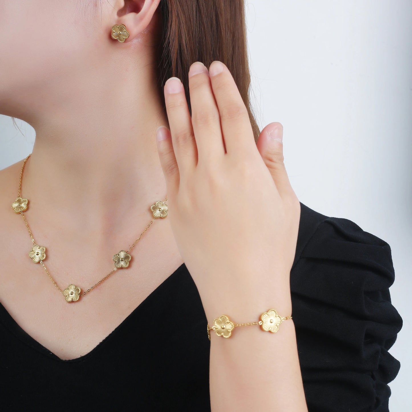 Double Sided Metal Laser Five Leaf Flower Adjustable Charm Bracelet Classic for Woman New Fashion Stainless Steel Jewelry Clover