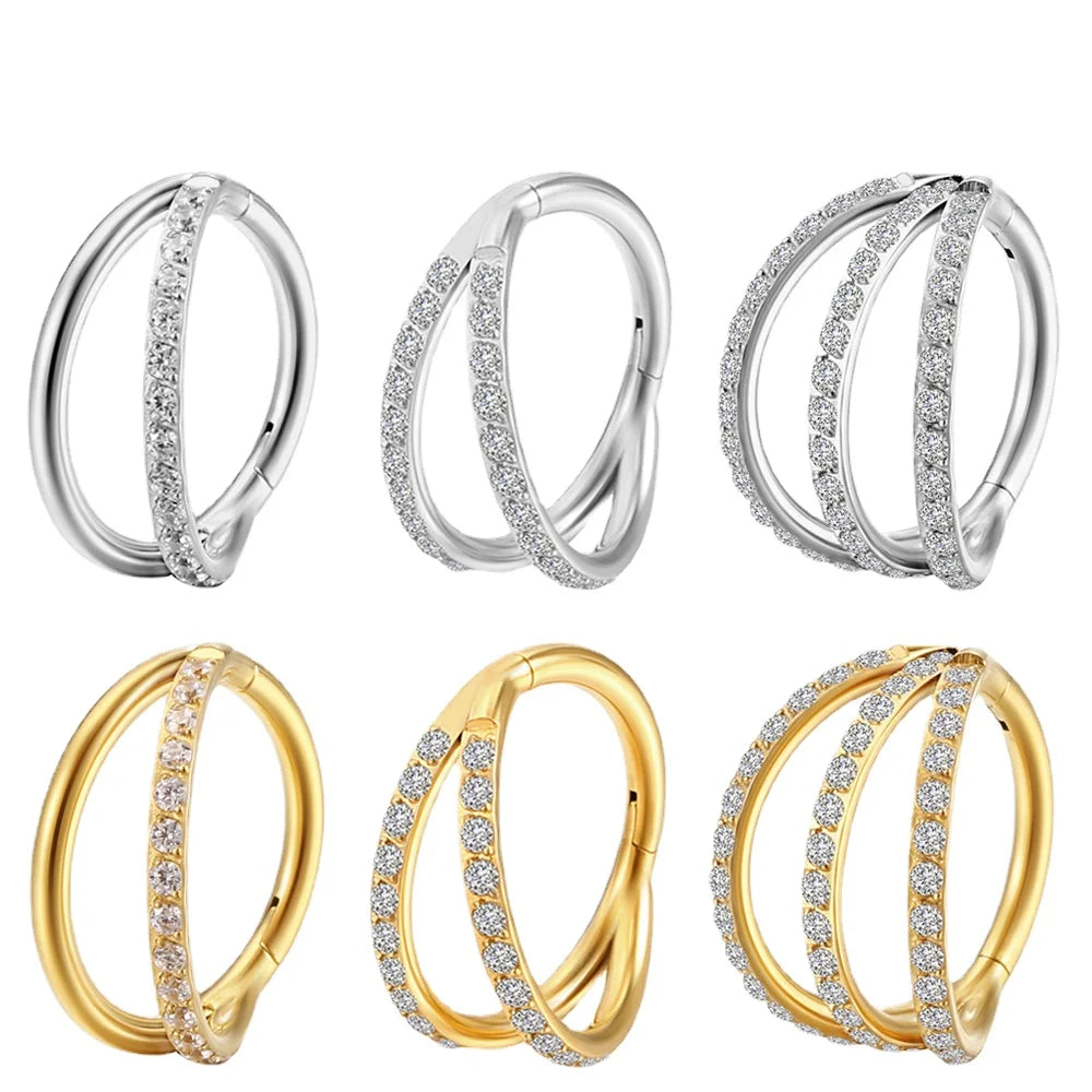 G23 Titanium Piercing Double Layered Triple Stack Hinged Zircon Nose Ring Helix Cartilage CZ Small Cartilage Septum Clicker