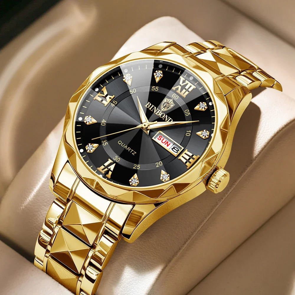 Binbang B2521 Men's Watch Waterproof Night Glow Double Calendar Watch Men's Business Quartz Watch Diamond Pointed Glass