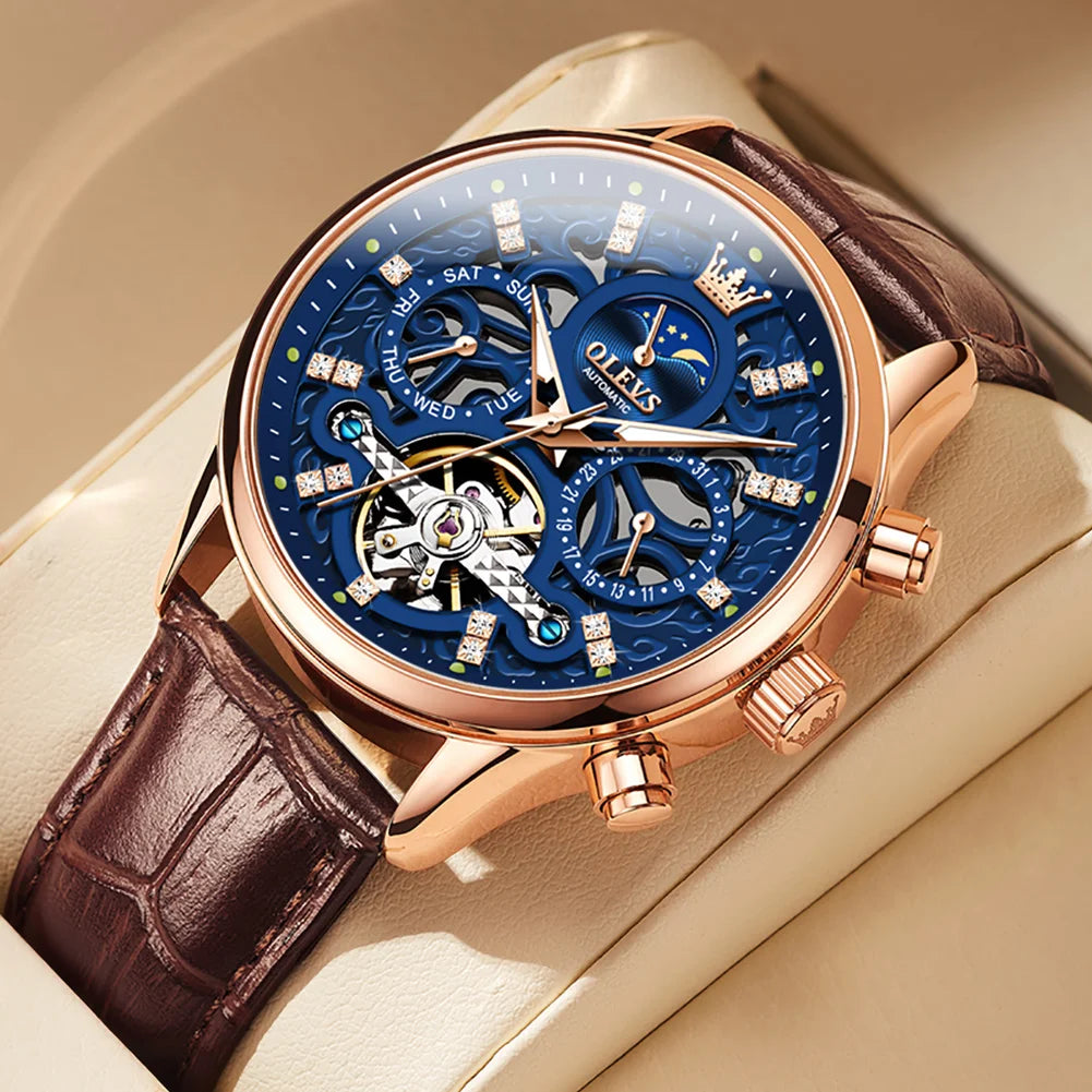 OLEVS 6658 Fashion Men's Watches Hollow Flywheel Automatic Mechanical Wristwatch Leather Strap Waterproof Luminous Moon Phase