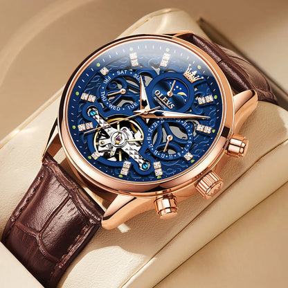 OLEVS 6658 Fashion Men's Watches Hollow Flywheel Automatic Mechanical Wristwatch Leather Strap Waterproof Luminous Moon Phase