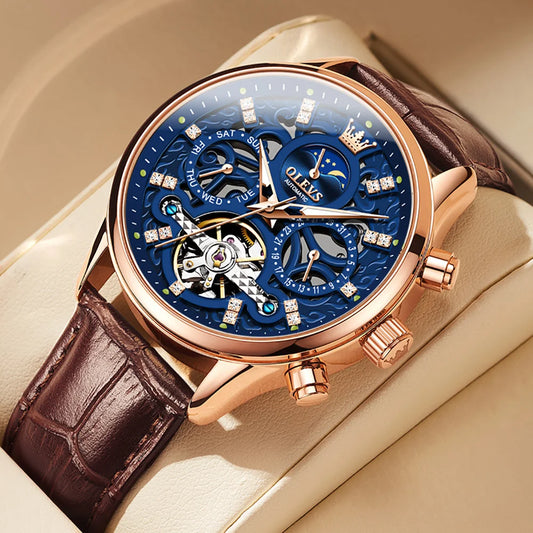 OLEVS 6658 Fashion Men's Watches Hollow Flywheel Automatic Mechanical Wristwatch Leather Strap Waterproof Luminous Moon Phase