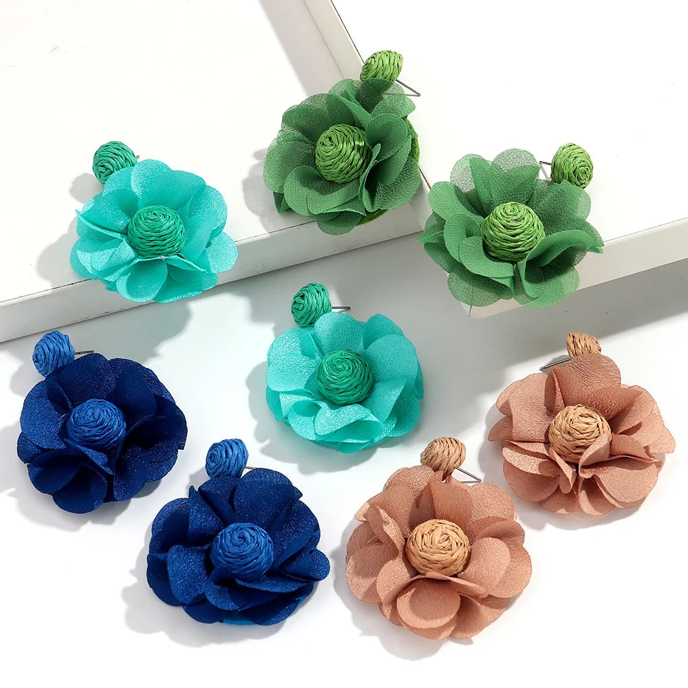 Summer Colorful Lafite Chiffon Flower Earrings for Women Boho Handwoven 3D Flower Fabric Drop Earring Beach Party Jewelry Gifts