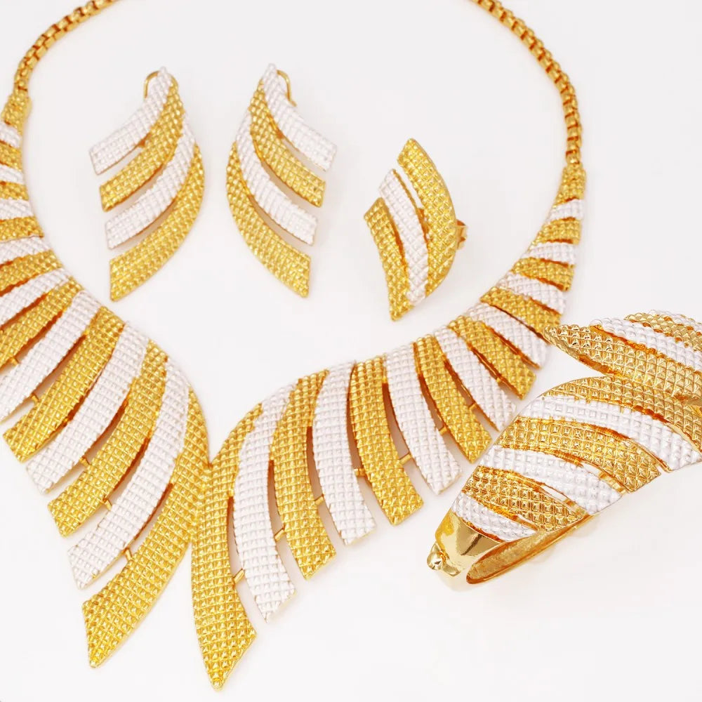 Luxury Two Tone Big Jewelry Set Gold Plated Necklace Bracelet Large Earring Ring For Women Bridal Africal Wedding Gift 2025 New