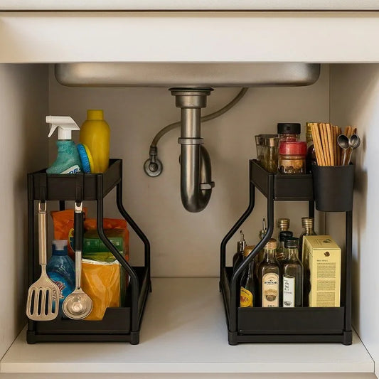 2 Tier Under Sink Organizer Space Saving,Pull Out Storage Box Durable Large Capacity Kitchen Bathroom Essential Drawer Organizer