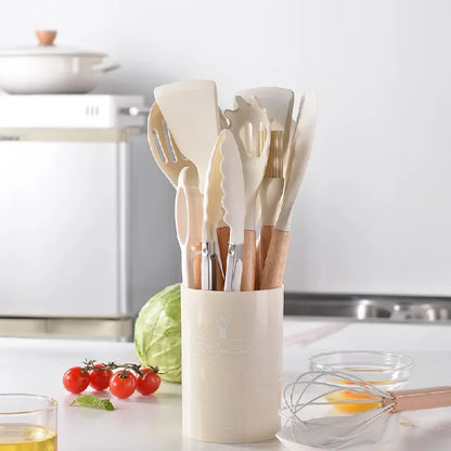 12Pcs Silicone Utensils Set Non-Stick Cookware Spatula Shovel Egg Beaters Wooden Handle Kitchenware Home Kitchen Cooking Tools