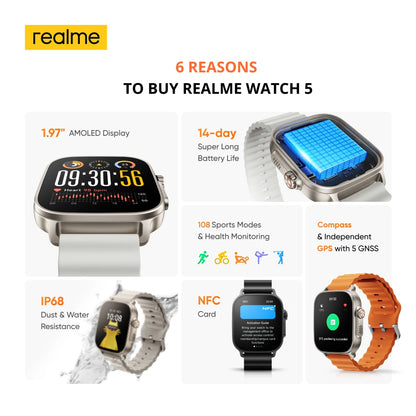 realme Watch 5 Smart Watch 1.97" 2D Flat AMOLED Display Compass & Independent GPS with 5 GNSS 14-day Battery Life NFC Card IP68