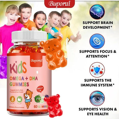 Kids Omega+DHA Gummies with Vitamin D3 -  High IQ Brain Enhancer, Improve Memory and Concentration