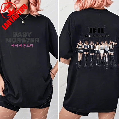BABYMONSTER Kpop Band T-shirt Korean Fashion Summer Double Sided Tee Short Sleeve Cotton Comfortable Tshirts Women/Men Clothes