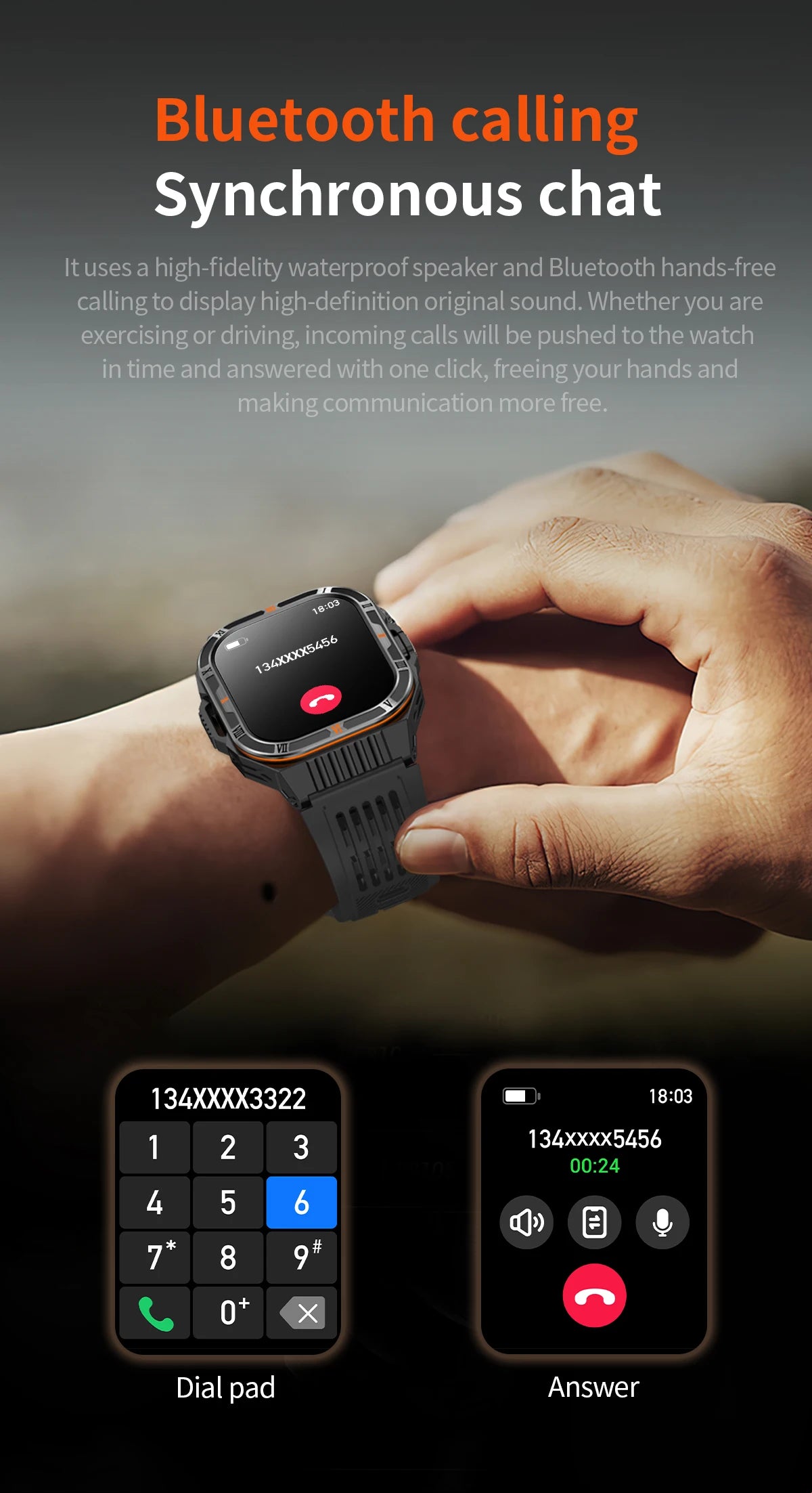 New Smart Watch Men 2.01"HD Screen 3ATM Waterproof Flashlight Health Monitor 1100mAh Battery Sport Bluetooth Call Smartwatch