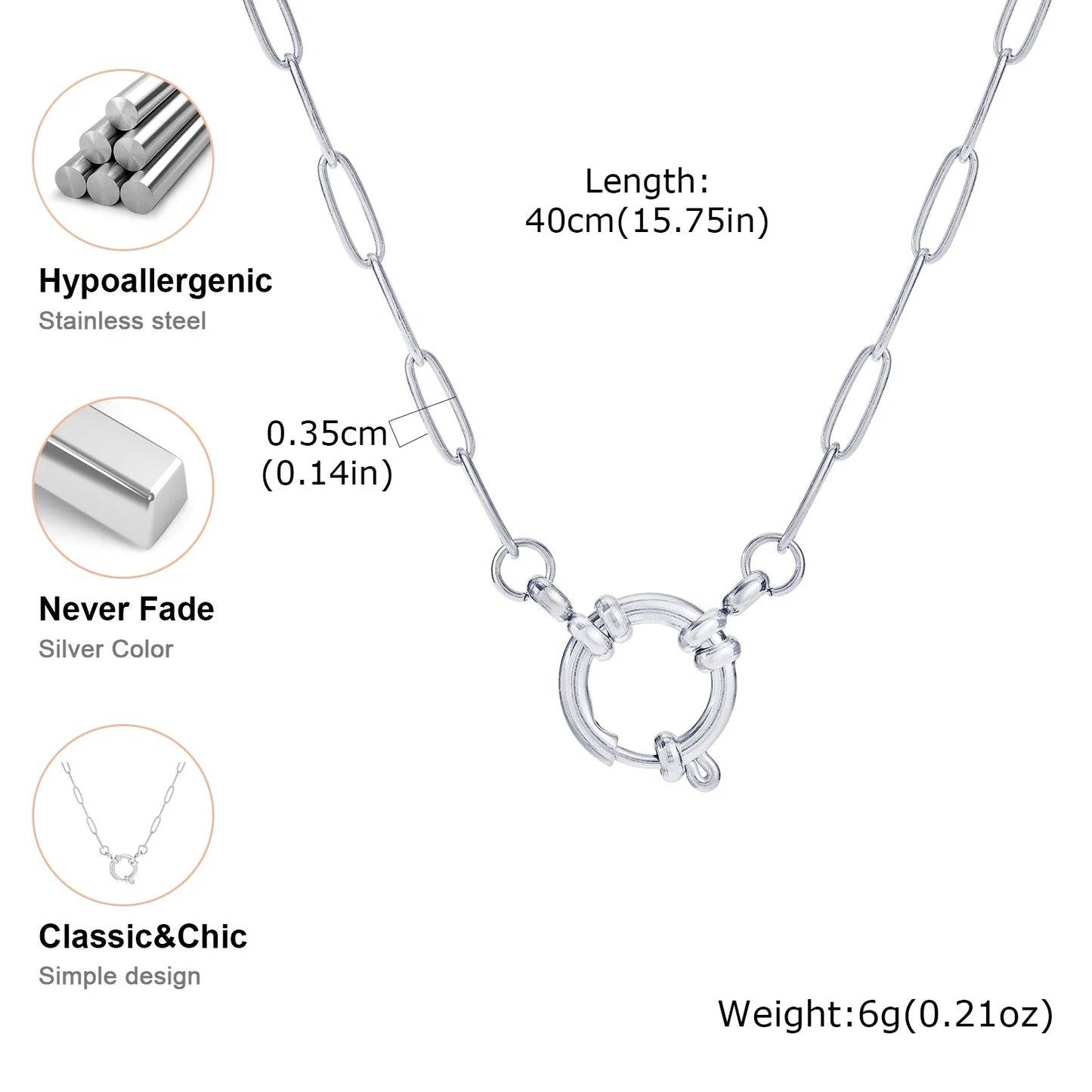 Vnox 2 Color Rectangular Chain 40cm Necklaces For Women, Stainless Steel Round Buckle Pendant, Metal Choker Neck Jewelry Gifts