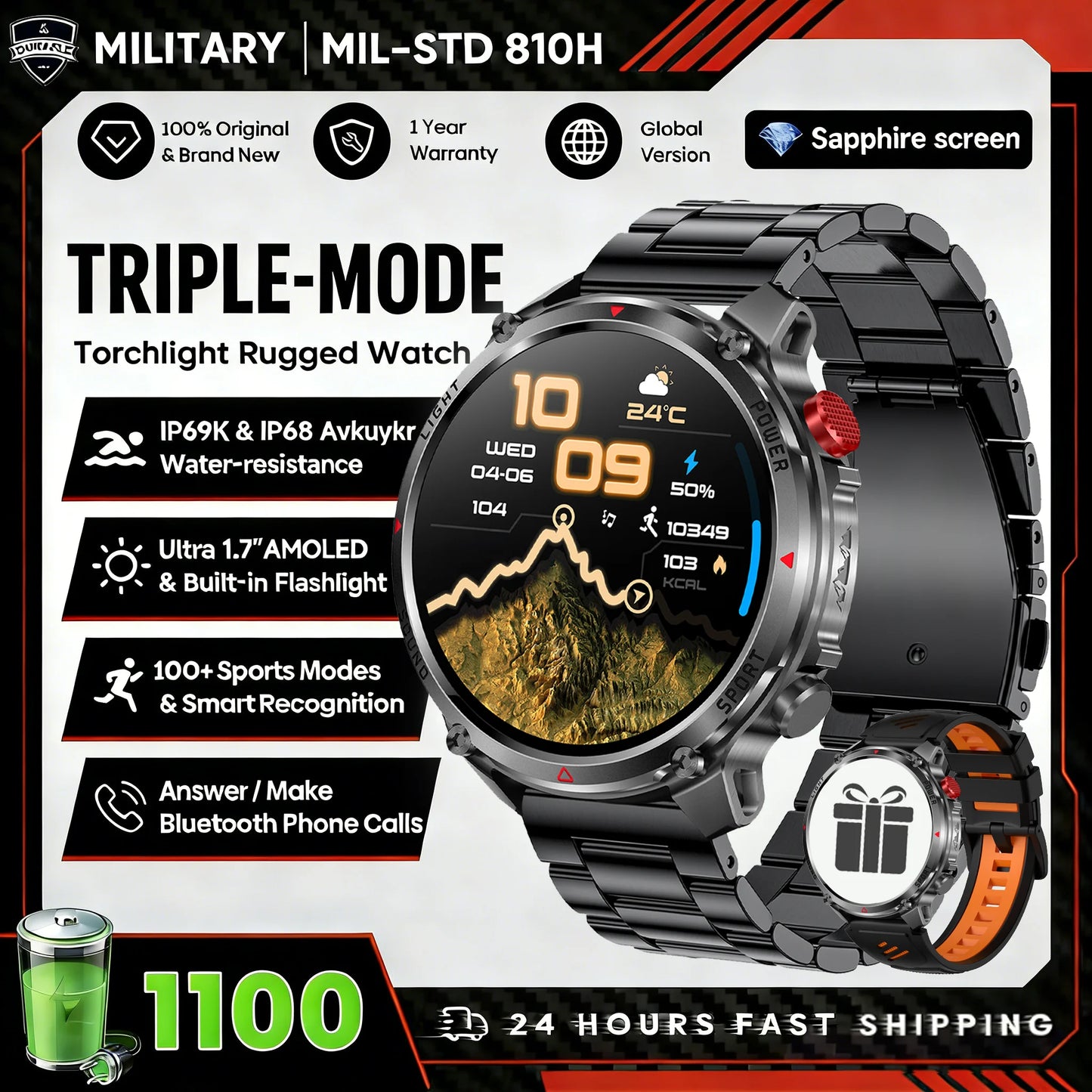 1100mAh Super Capacity Battery Military Outdoor Smart Watch Men 1.7inch Screen Compass Bluetooth Call 3ATM Waterproof SmartWatch