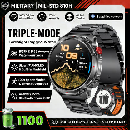 1100mAh Super Capacity Battery Military Outdoor Smart Watch Men 1.7inch Screen Compass Bluetooth Call 3ATM Waterproof SmartWatch
