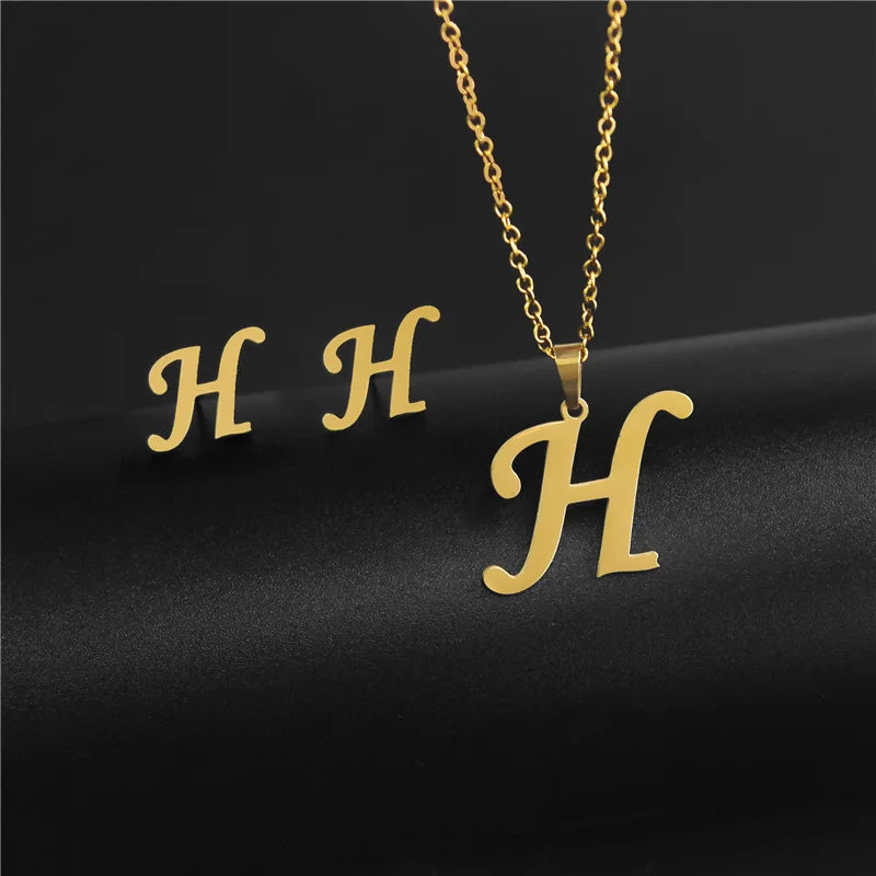 A-Z 26 Stainless Steel Initial Necklace and Earring Jewelry Set Letter Pendant Chain Alphabet Mom Christmas Gift