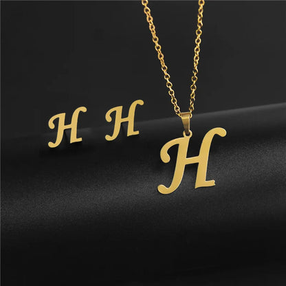 A-Z 26 Stainless Steel Initial Necklace and Earring Jewelry Set Letter Pendant Chain Alphabet Mom Christmas Gift
