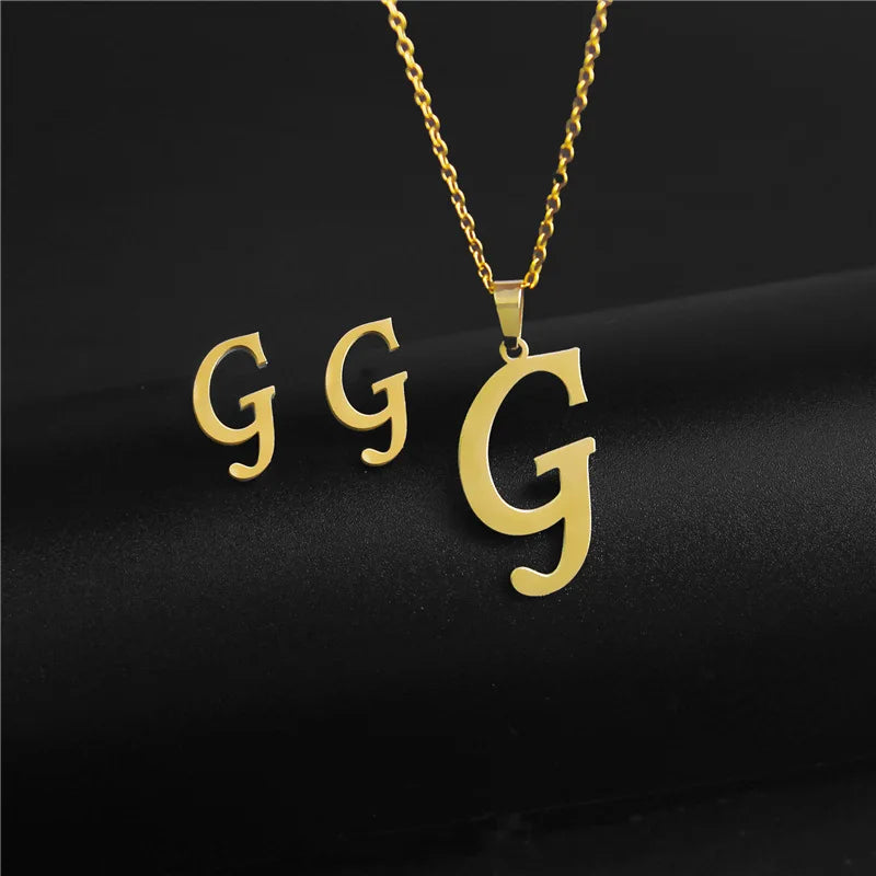 A-Z 26 Stainless Steel Initial Necklace and Earring Jewelry Set Letter Pendant Chain Alphabet Mom Christmas Gift
