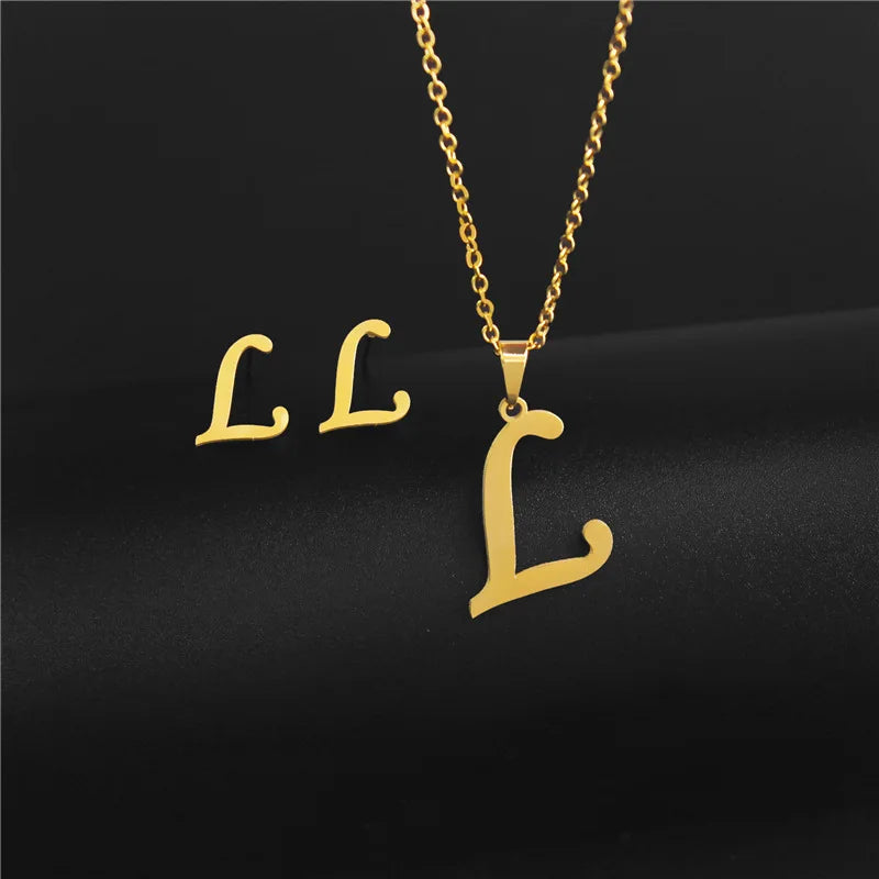 A-Z 26 Stainless Steel Initial Necklace and Earring Jewelry Set Letter Pendant Chain Alphabet Mom Christmas Gift