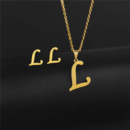 A-Z 26 Stainless Steel Initial Necklace and Earring Jewelry Set Letter Pendant Chain Alphabet Mom Christmas Gift