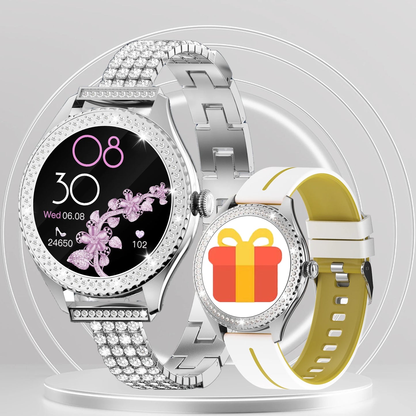 smartwatch for women supports wireless calls, over 100 sports modes and fitness tracking. It features music contr