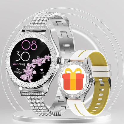 smartwatch for women supports wireless calls, over 100 sports modes and fitness tracking. It features music contr
