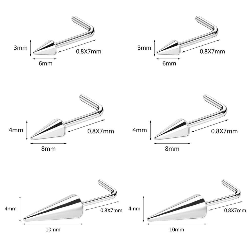 ZS 20G Black Spike Nostril Piercings Stainelss Steel Cone Nose Studs Doule Nose Piering Jewelry Long Spike Nostril Ring Chain