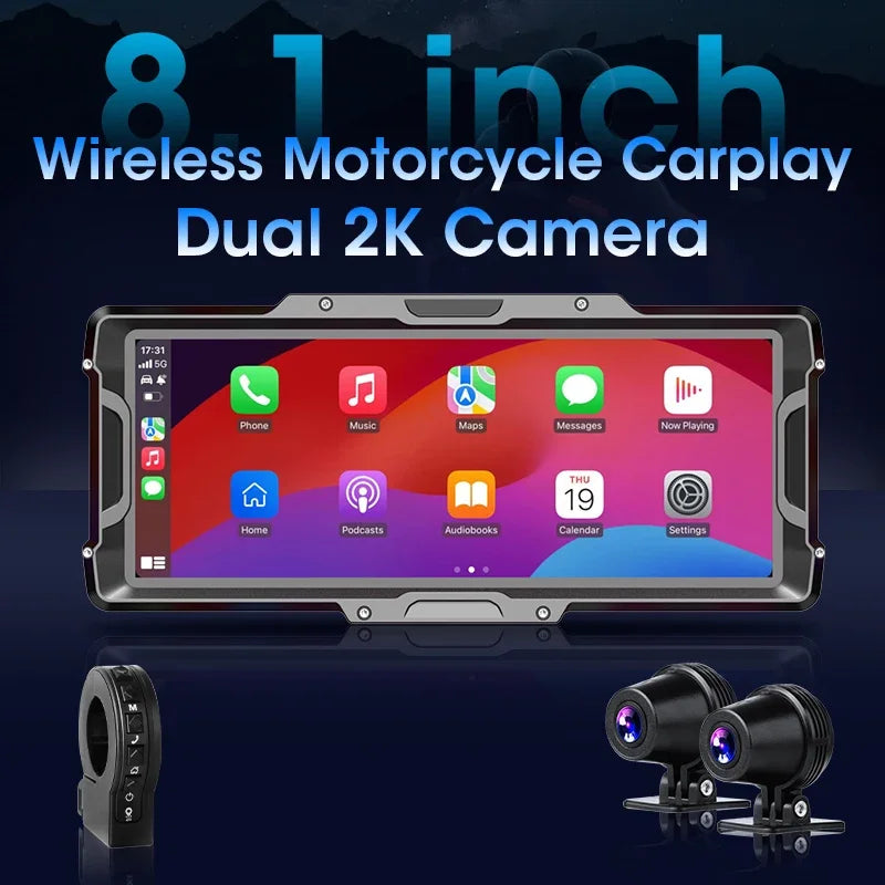 Develuck 8.1" Motorcycle DVR 2K Front Camera Navigation GPS Wireless Carplay Android Auto Moto Monitor with TPMS Sensor Dual BT