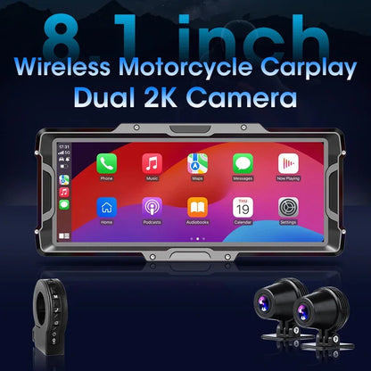 Develuck 8.1" Motorcycle DVR 2K Front Camera Navigation GPS Wireless Carplay Android Auto Moto Monitor with TPMS Sensor Dual BT
