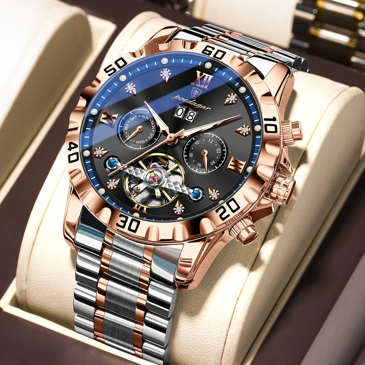 POEDAGAR Fashion Luxury Men Watch Automatic Date Week Man Wristwatch Hollow Tourbillon Mechanical Stainless Steel Men's Watches