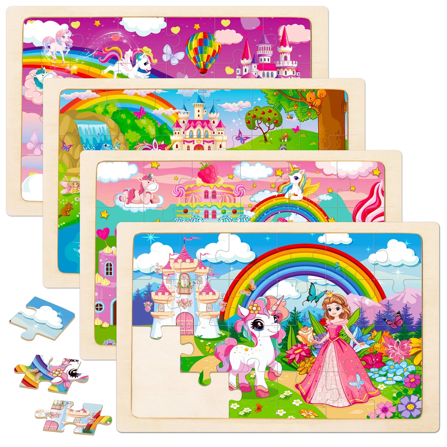 4 Packs Unicorn Princess Educational Preschool Toddler Wooden Jigsaw Puzzles Gifts for 3 4 5 6 Years Old Girls Boys