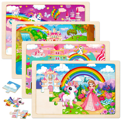 4 Packs Unicorn Princess Educational Preschool Toddler Wooden Jigsaw Puzzles Gifts for 3 4 5 6 Years Old Girls Boys
