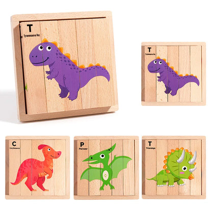 Wooden Stereoscopic Strip Animal Transport Building Blocks, Traffic Dinosaur Puzzle Enlightenment Toy, 4-sided Pattern Puzzle