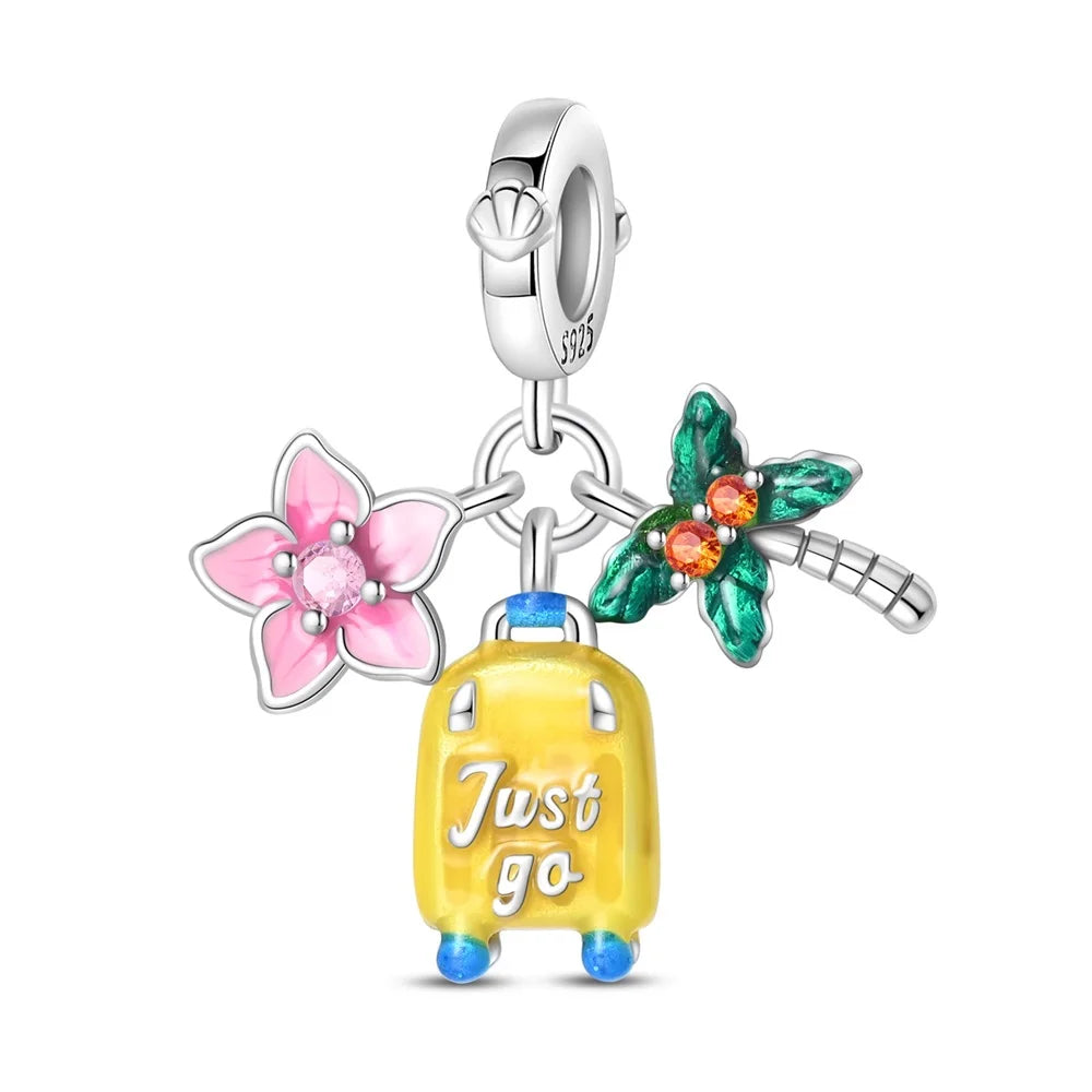 Leisurely 925 Sterling Silver Beach Trip Hawaiian Bikini Surf Coconut Tree Charm Fit DIY Bracelet Necklace Travel Souvenirs