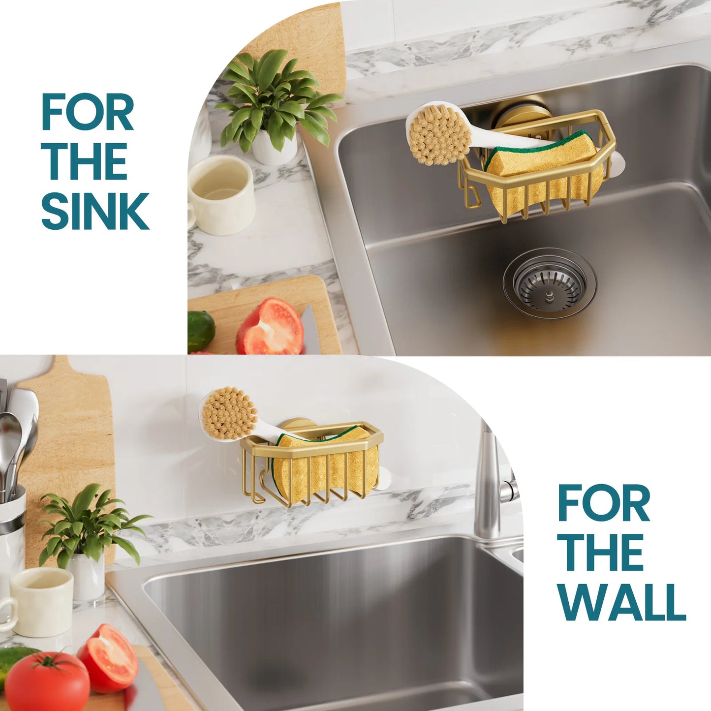 TAILI Gold Sponge Holder for Kitchen Sink with Strong Suction Cup Removable, Rustproof Aluminum Sink Caddy for Sponge, Brush