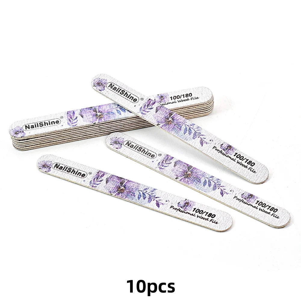 10pcs Set Wood Nail Buffer Reusable 100/180 Grit Smooth Straight Nail Files Floral Design Beautiful Nail Care Equipment