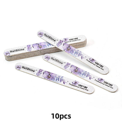 10pcs Set Wood Nail Buffer Reusable 100/180 Grit Smooth Straight Nail Files Floral Design Beautiful Nail Care Equipment