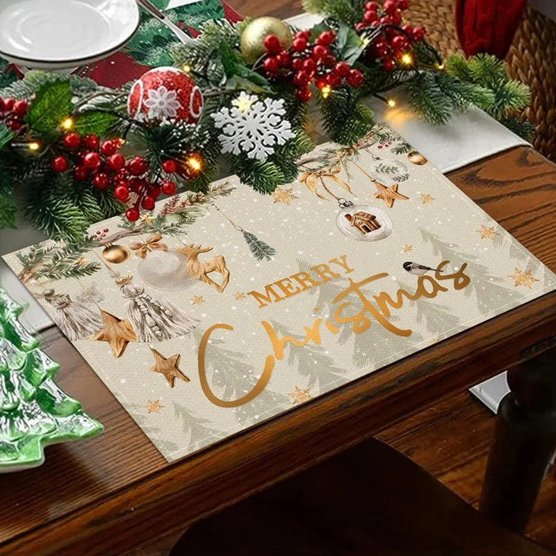 Linen Christmas Tree Placemats Navidad Noel Winter Table Mats for Kitchen Dining Christmas Decorations for Home 2025 Xmas Party