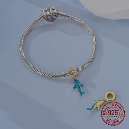 925 Sterling Silver Luminous Color-Changing Shark Dangle Charm Animals Pendant Fit Original Bracelet DIY Women Jewelry Gift