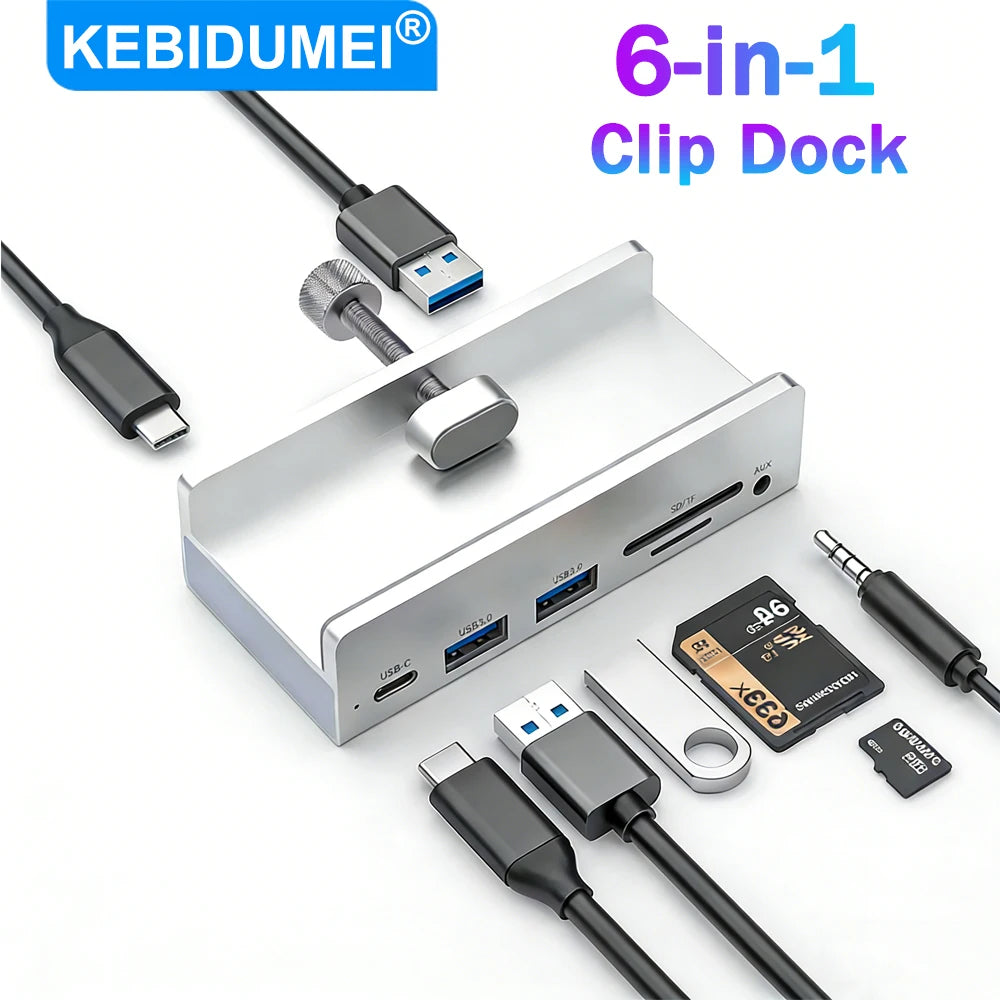 USB 3.0 HUB 6-in-1 Clip Style Docking Station 5Gbps Transmission Speed Splitter Extension Adapter Computer Accessory for Laptop