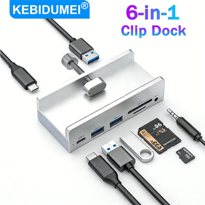 USB 3.0 HUB 6-in-1 Clip Style Docking Station 5Gbps Transmission Speed Splitter Extension Adapter Computer Accessory for Laptop