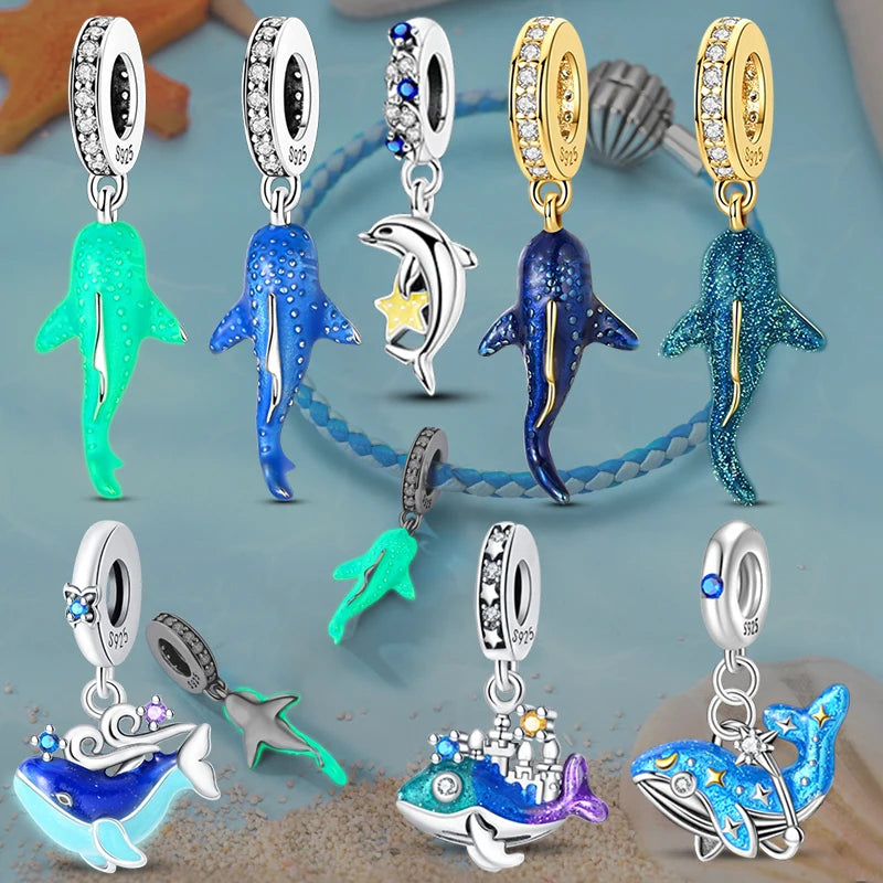925 Sterling Silver Luminous Color-Changing Shark Dangle Charm Animals Pendant Fit Original Bracelet DIY Women Jewelry Gift