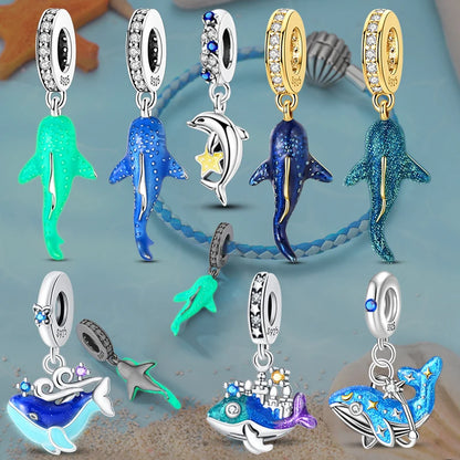 925 Sterling Silver Luminous Color-Changing Shark Dangle Charm Animals Pendant Fit Original Bracelet DIY Women Jewelry Gift